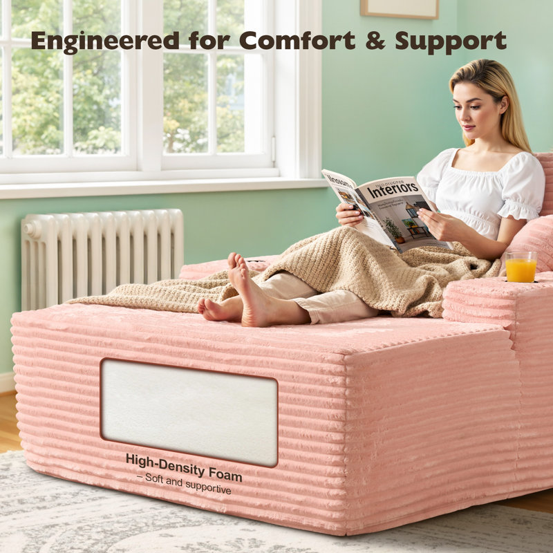 Compression Packed Cloudelle Oversized Plush Corduroy Chaise Lounge Chair, Pink Faux Fur