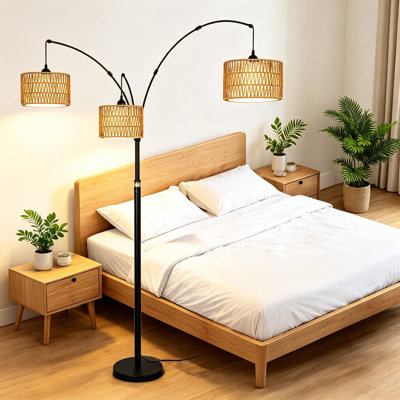 Lampe sur pied arquée noire pour le salon, lampe sur pied de style bohème campagnard avec abat-jour en rotin, grande lumière industrielle à intensité variable pour la chambre à coucher, le bureau, lampe de lecture arquée avec 3 branches réglables