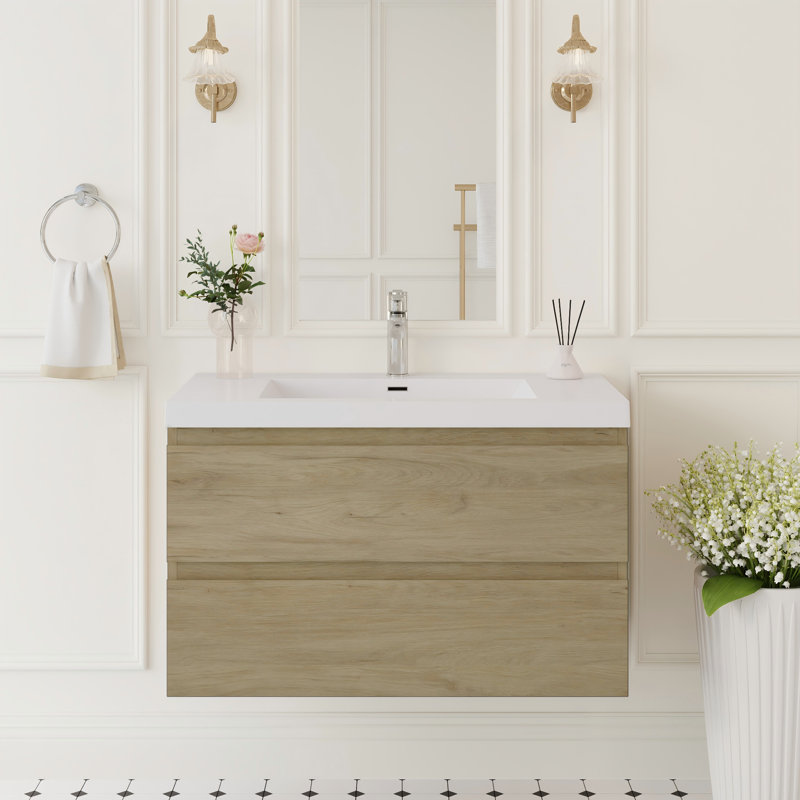 36" Floating Bathroom Vanity Modern Wall-Mounted Single Vanity with Integrated Resin Top, 2 Soft Close Drawers, Full Assembly