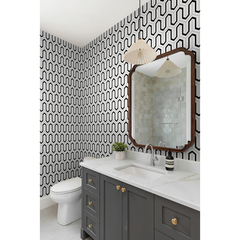Seabrook Designs Onyx & Metallic Parket Geometric Honeycomb Unpasted Wallpaper, Black;Silver, Paper