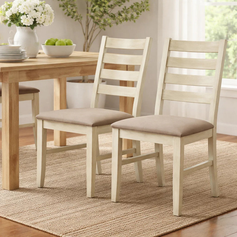 Ensemble de 2 chaises de salle à manger Coxo, siège rembourré en tissu beige, dossier en lattes de bois, Brun, Blanc antique