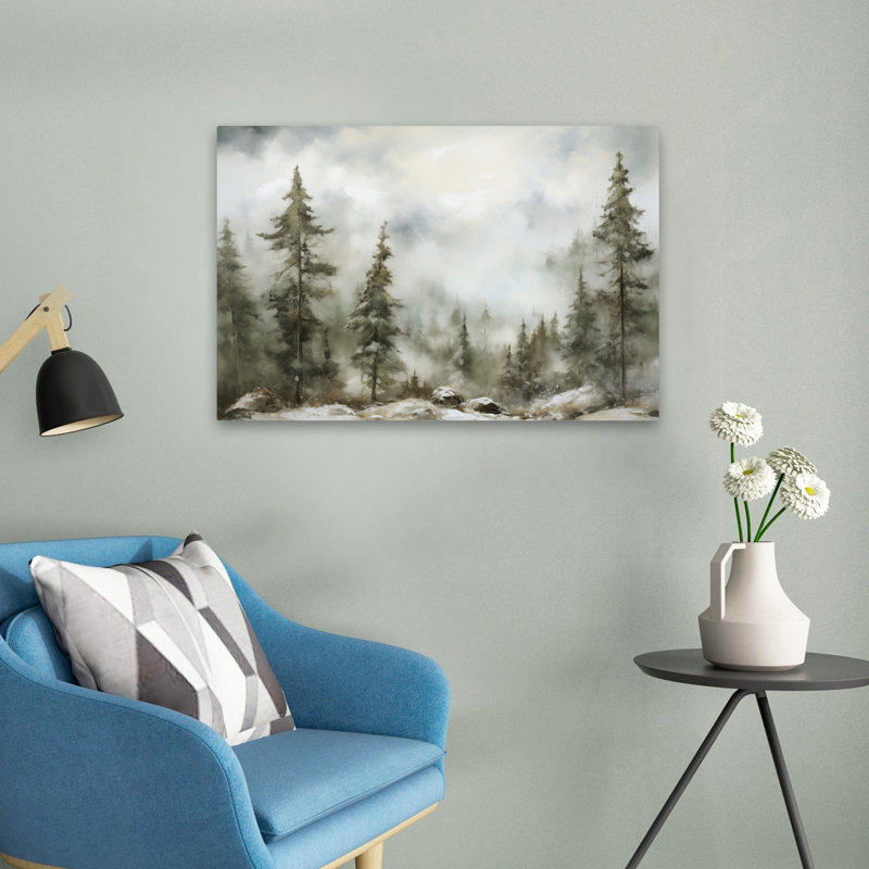Randonnée hivernale - art contemporain de paysage de pin brumeux de forêt contemporain, H 16 po x l 24 po