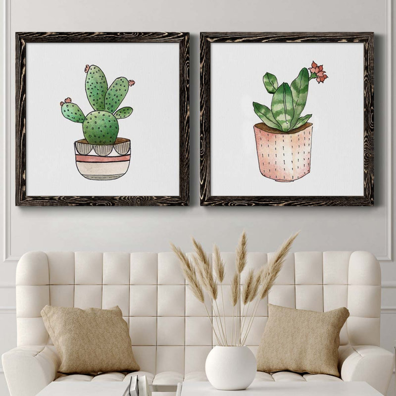Boho Greenery III - ensemble de 2 peintures sur toile encadrées, H 35,5 po x l 71 po x P 1,5 po, Cadre noir