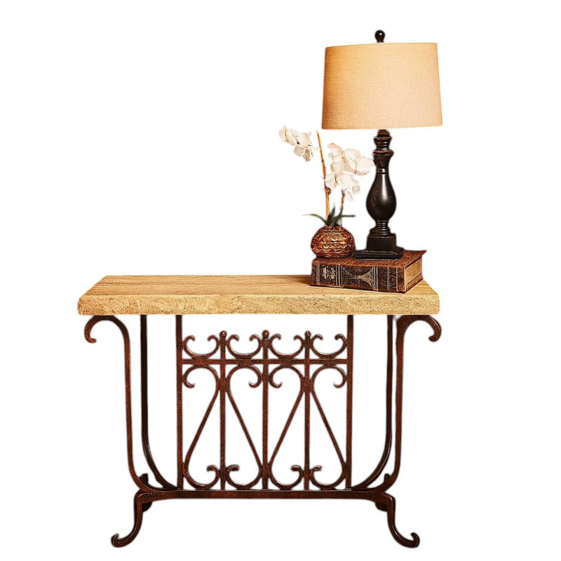 Cream Chiseled Travertine Console Table With Hand-forged Wrought Iron Base | 1213ft Cch