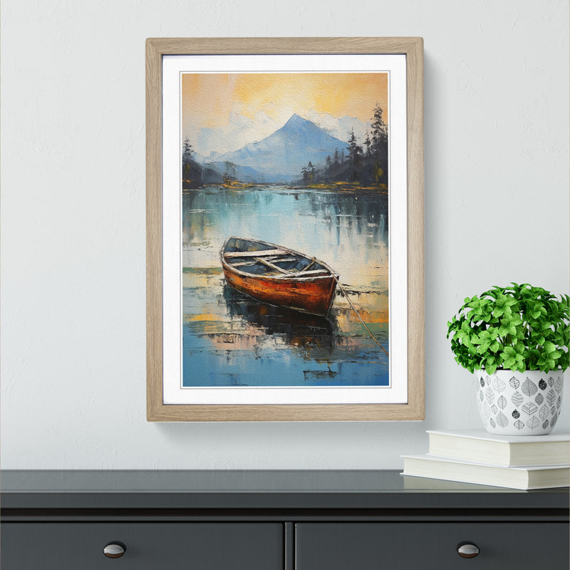 Boat on a Lake Gestural Art - Framed Print, 34cm H x 25cm W x 2cm D, Oak Framed