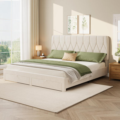 Velvet Upholstered King Platform Bed Frame with Headboard - 2 Storage Drawers, Diamond-Tufted Backrest, Wood Slat Support, No Box Spring Needed, Easy Assembly - White, K