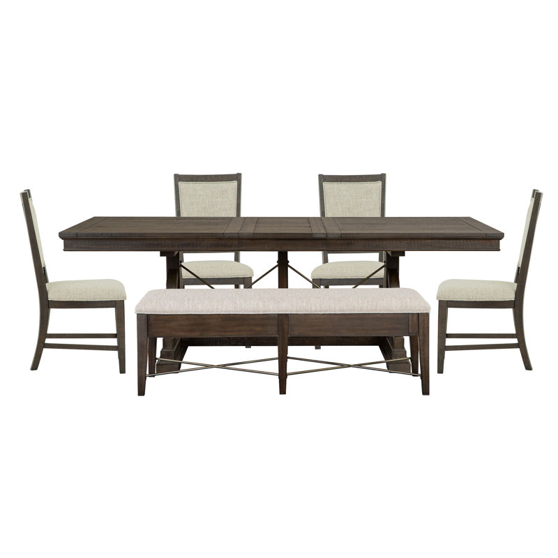 Extendable Trestle Dining Table With 4 Upholstered Side Chairs And Upholstered Bench, 6 Pieces: Table, Bench, 4 Chairs