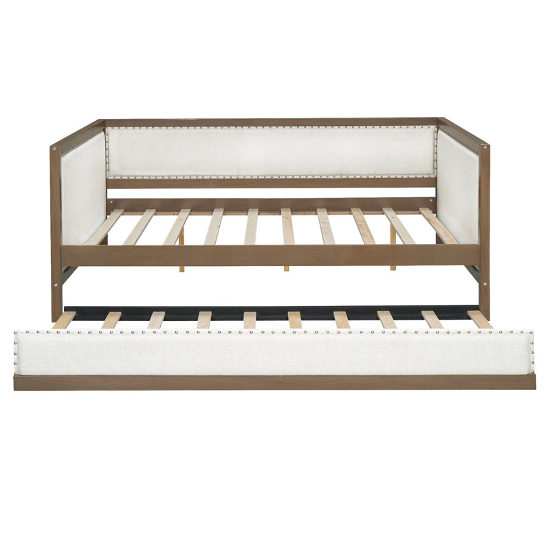 Lit de jour rembourré pleine grandeur avec lit gigogne, structure en bois, revêtement en lin, aucun sommier requis, structure robuste et housse pratique