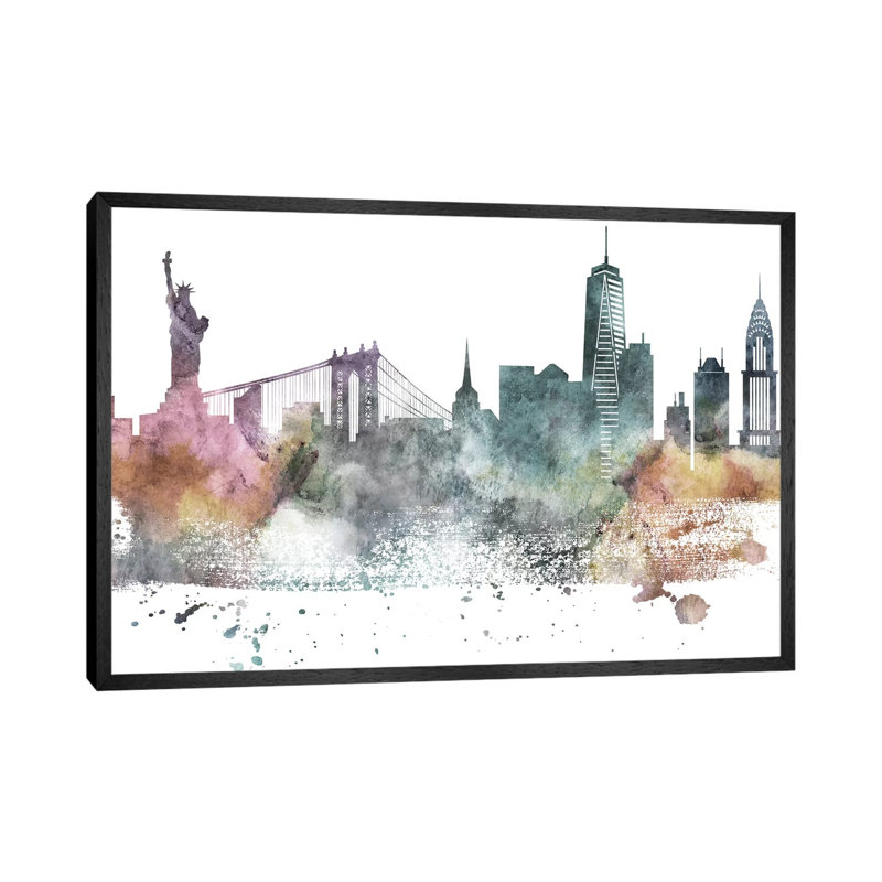 New York Pastel Skylines - Print on Canvas, 152.5 cm H x 101.5 cm W, Black Framed