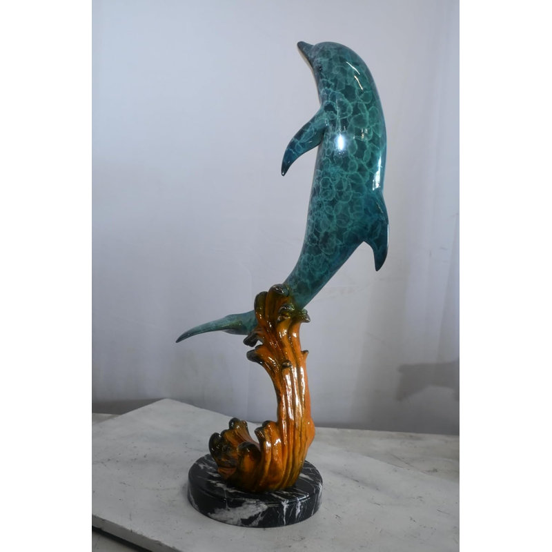 Sculpture dauphin en bronze sur base ondulée 25 po x 24 po x H 40 po