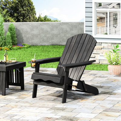 Folding Dark Grey Wooden Chair With Cup Holders, 30.08 In. Depth, 36.38 Width, 34.77 Height, 21.79 Lb, For Patio Deck Pool Area In Wood Holder Option, H, W, D, Backyard