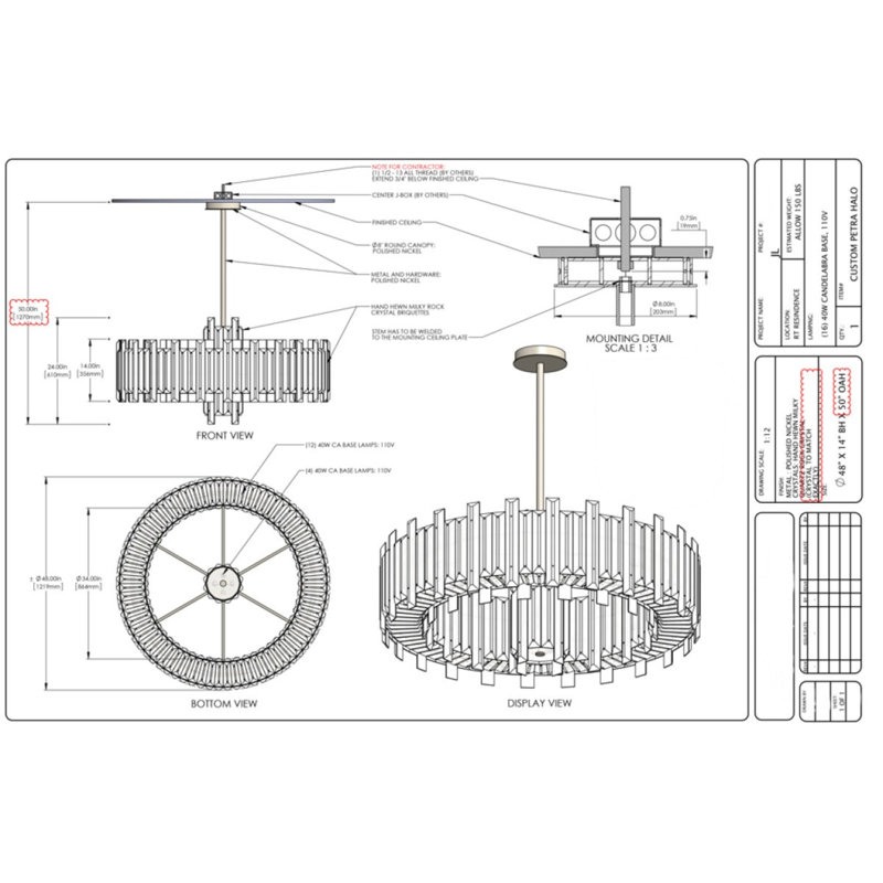Lustre rond en nickel poli à 12 lumières, Améthyste, H 40 po x l 40 po x P 40 po, Nickel brossé