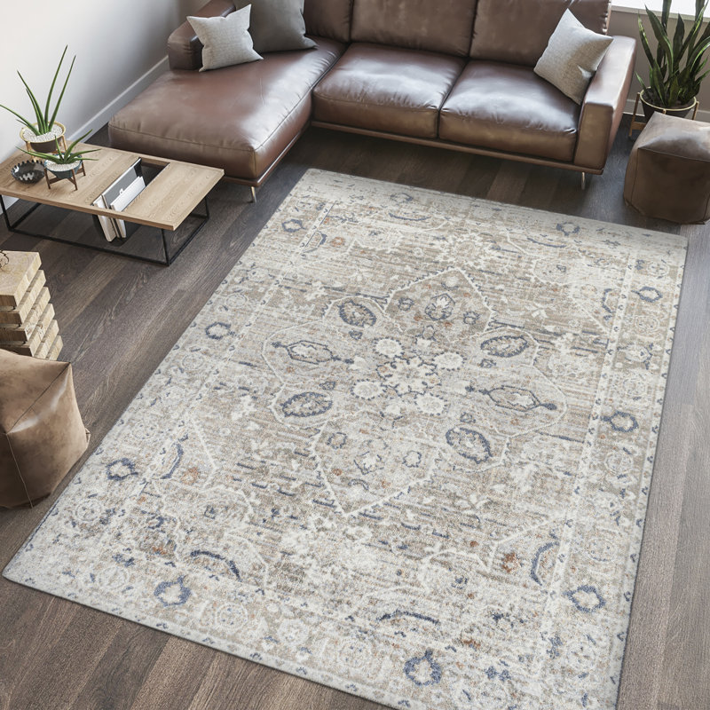 Shaii Global Medallion Low-Pile Machine-Washable Light Gray/Brown Rug, Rectangle 2'11" x 5'