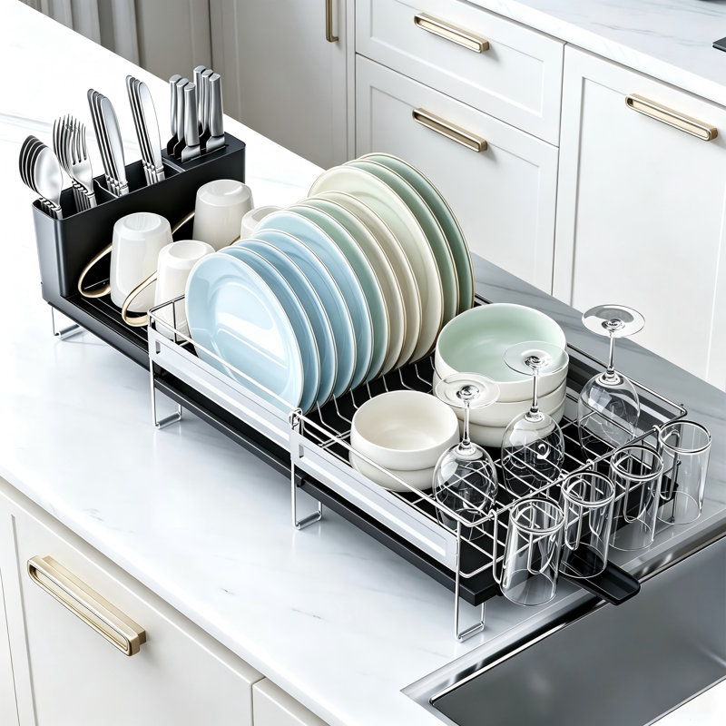 Expandable Stainless Steel Dish Drying Rack with Drain Board, Black