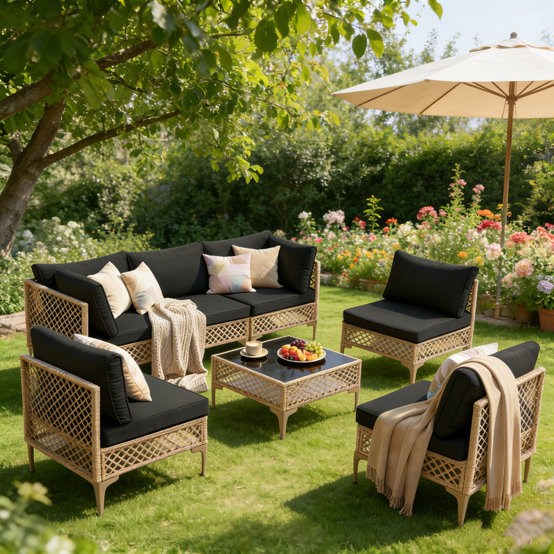7 Piece Rattan Sectional Seating Group With Cushions, Black