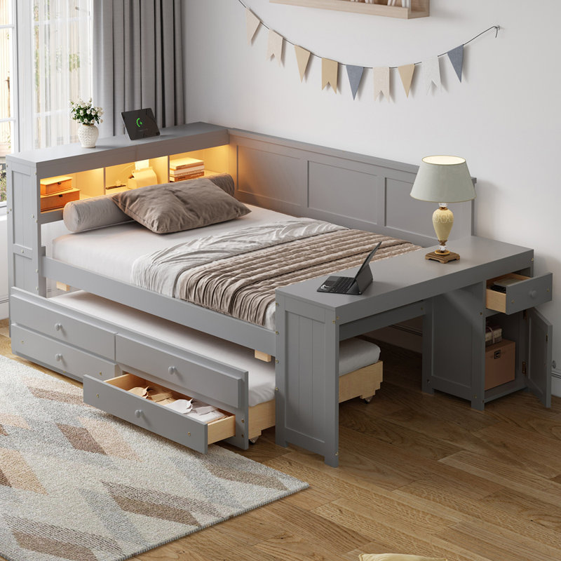 Lit de jour moderne avec rangement intégré, station de charge et éclairage DEL, Gris