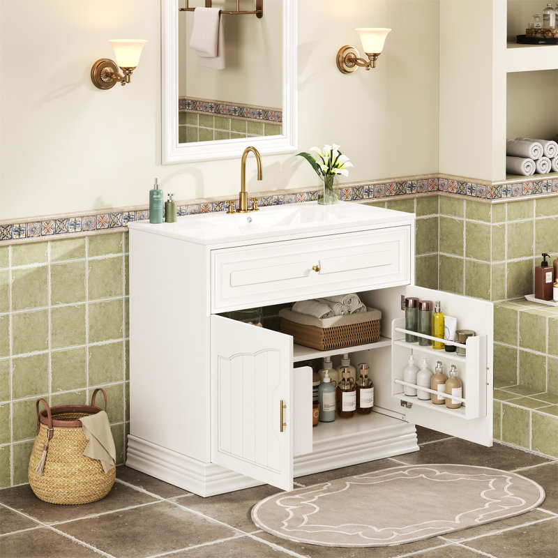 Meuble-lavabo moderne 35,02 po avec lavabo en céramique, mécanisme de fermeture en douceur et organisateur de porte d'armoire en bois massif renforcé, 2 portes, tablettes à trous multiples