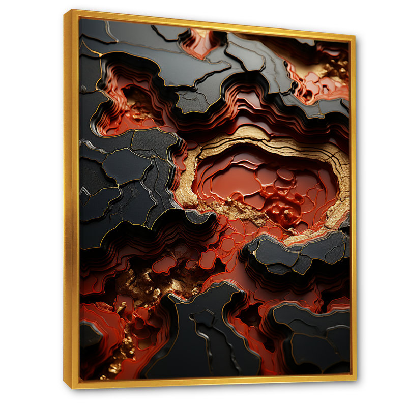 Pierre volcanique noire et rouge, Cadre flottant doré, H 32 po x l 24 po x P 1 po