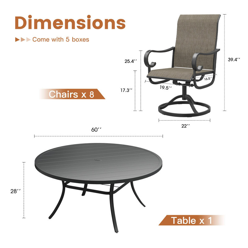 8-Person Patio Dining Set with 60“ Round Dining Table and 360° Swivel Textilene Rocking Chairs, Black/Brown