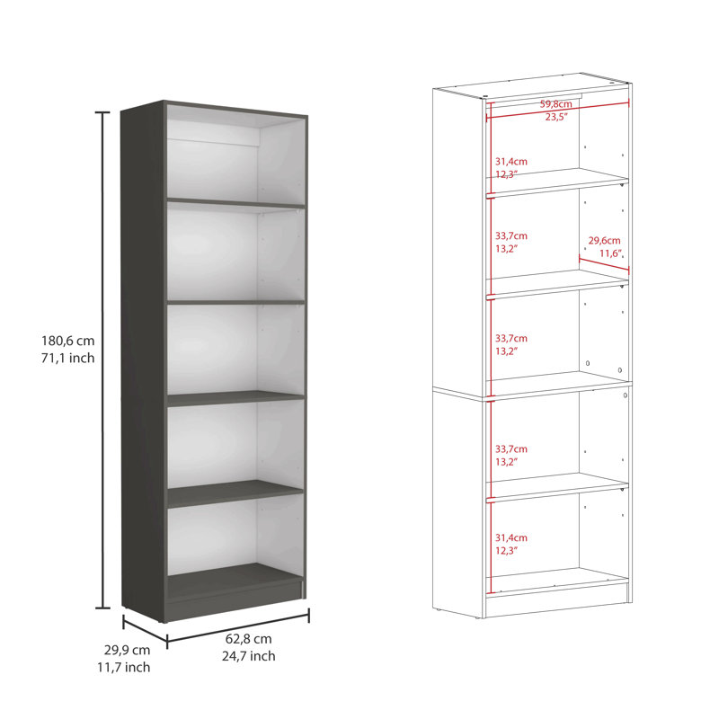 71" Black Wood Five Tier Bookcase, 3, Chocolate, (5 Shelves) 71.1"H x 60"W x 11.7"D