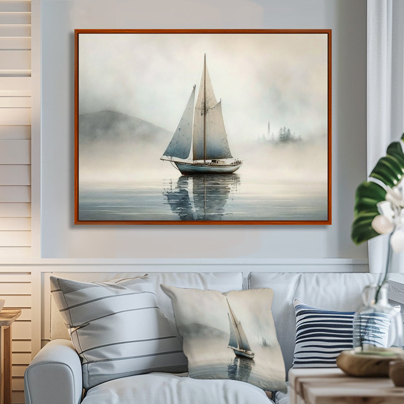 Bateau sur le lac I - décoration murale bateau côtier, H 16 po x l 32 po x P 1 po, Cadre flottant brun