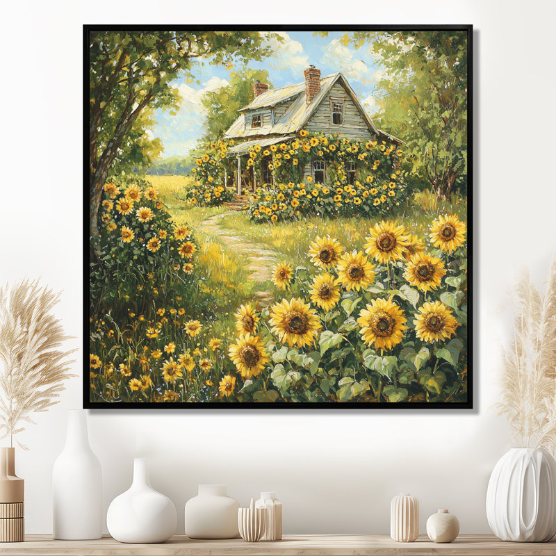 Dorcinvil, campagne, tournesols par le chalet II - tournesols, art mural, H 16 po x l 16 po, Impression encadrée flottante