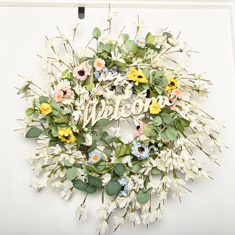 Couronne de fleurs 24 "Welcome And Daisy pour porte d'entrée
