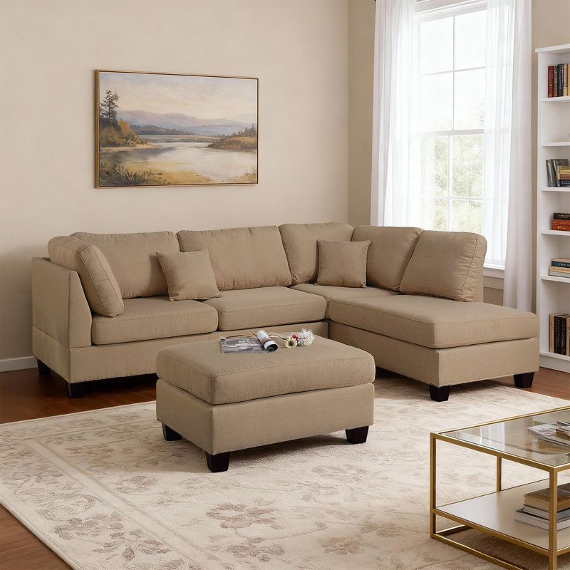 Canapé modulaire réversible en tissu 3 pièces avec repose-pieds, Sable