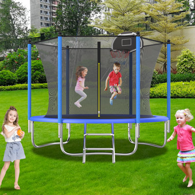 10FT Tranpoline for Kids with Safety Enclosure Net Recreational Tranpoline for Adults Backyard Outdoor Tranpoline with Basketball Hoop