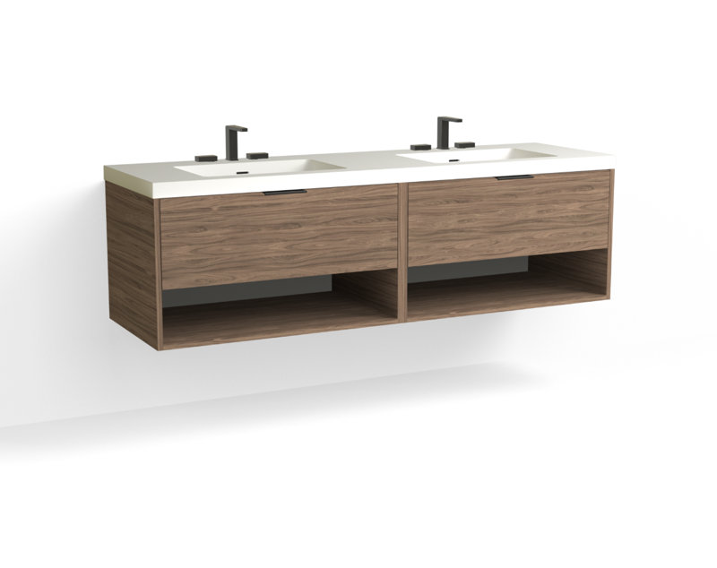 Modo 72" W Wall Mounted Double Bathroom Vanity, Glossy White/8" Widespread, Charred, Satin Nickel
