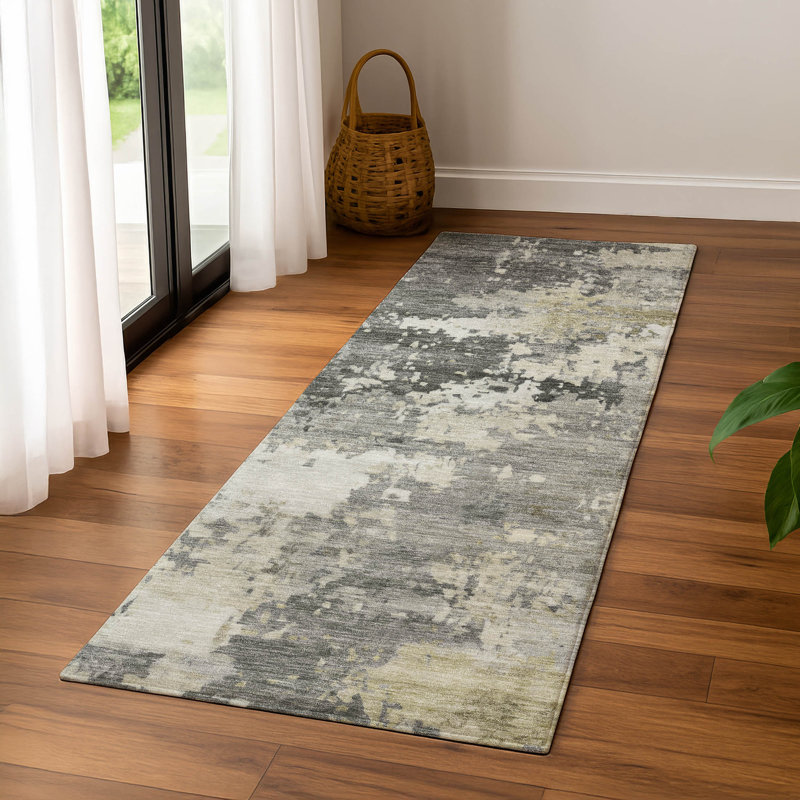 Premium Machine Washable Mayfield AMF2142 abstract Rug, 2'3" x 7'6" Runner, Pewter