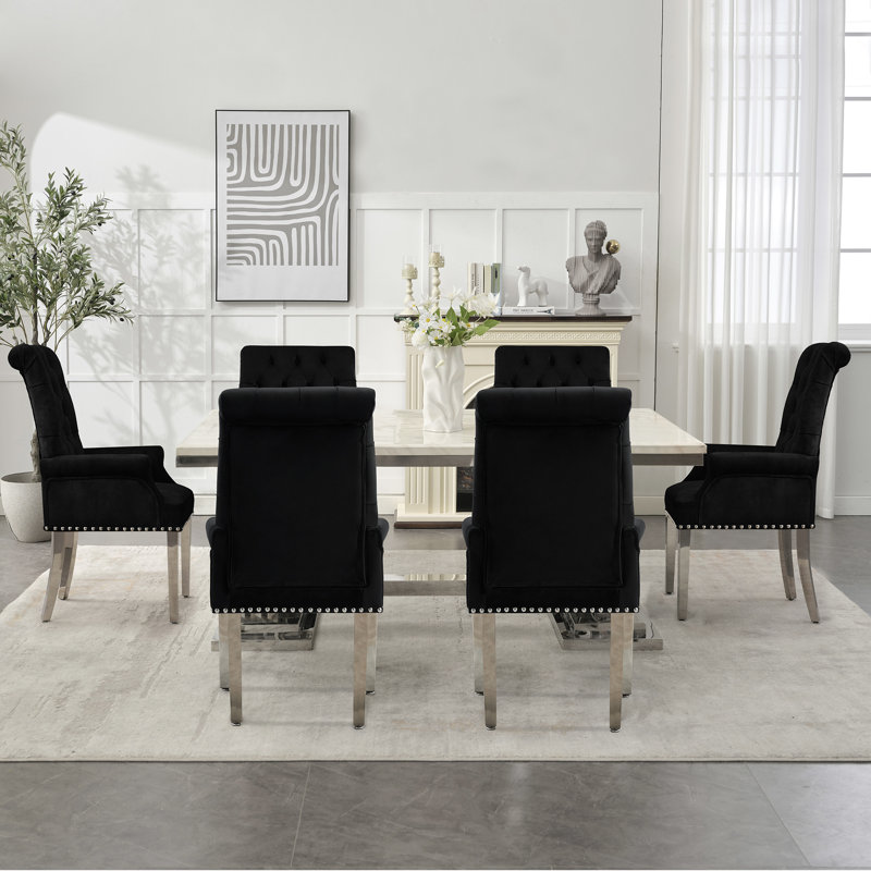 Upholstered Tufted Arm Dining Chairs, Velvet Black