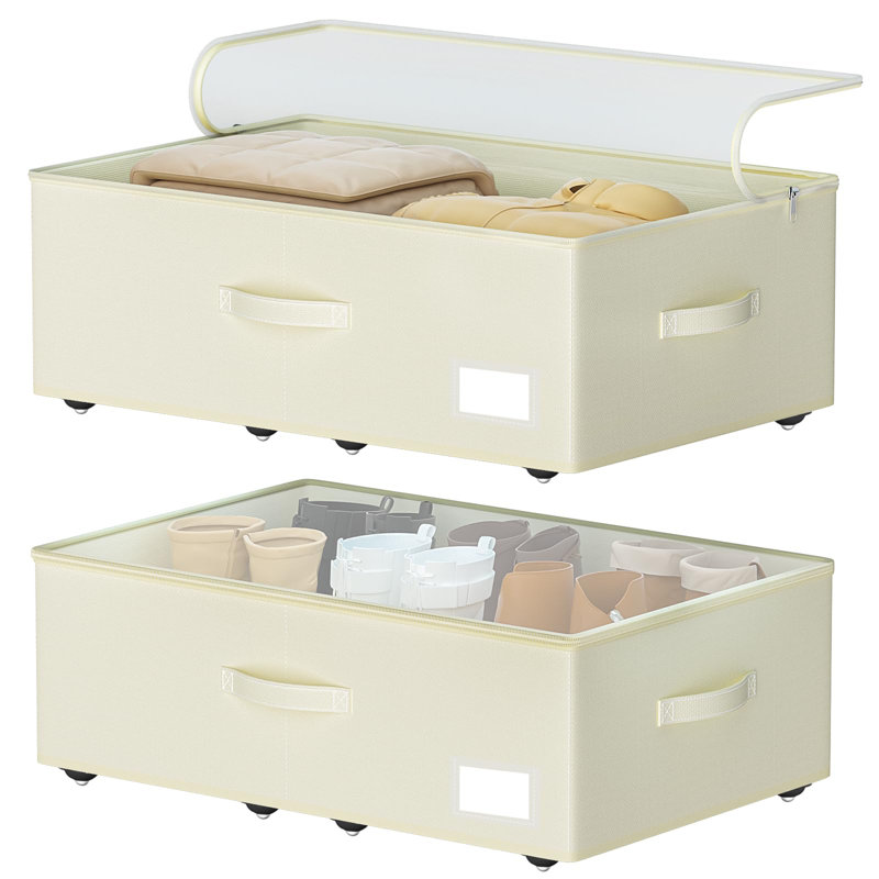 Under Bed Storage with Wheels, Rolling Bins for Shoes and Dorm Storage, 2 Pack, (Beige), Beige