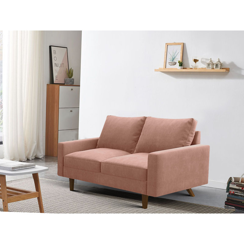 Causeuse à accoudoirs carrés, Velours rose, H 35 po x l 60 po x P 33 po