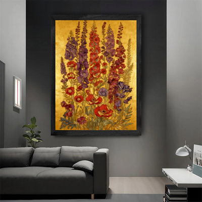 Black Framed Art Nouveau Floral Wall Art - Golden Botanical Wall Decor with Vintage Aesthetic Style Framed Prints