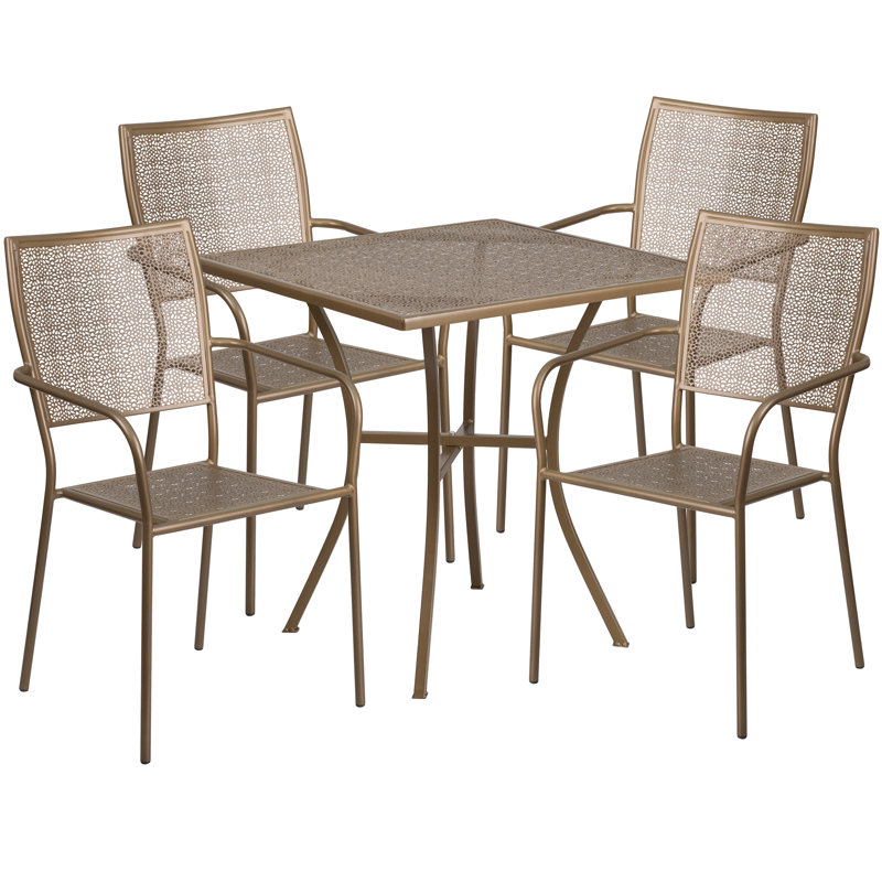 Meranda Commercial Grade 28" Square Indoor-Outdoor Steel Patio Table Set with 4 Square Back Chairs, Gold