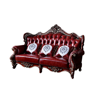 European Style Oak Carving Sofa 87.01'' Genuine Leather Rolled Arm Sofa -  FURNITURE LEISURE, INC., XJY72JTALNS