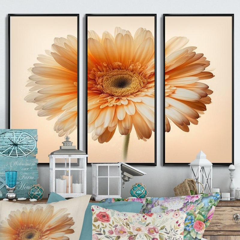 Fleur de gerbera orange - impression de 3 pièces, Cadre noir, H 28 po x l 36 po x P 1 po