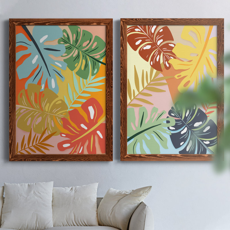 «Tropical Foliage I», ensemble de 2 peintures sur toile encadrées, H 37,5 po x l 55 po x P 1,5 po, Toile avec cadre érable