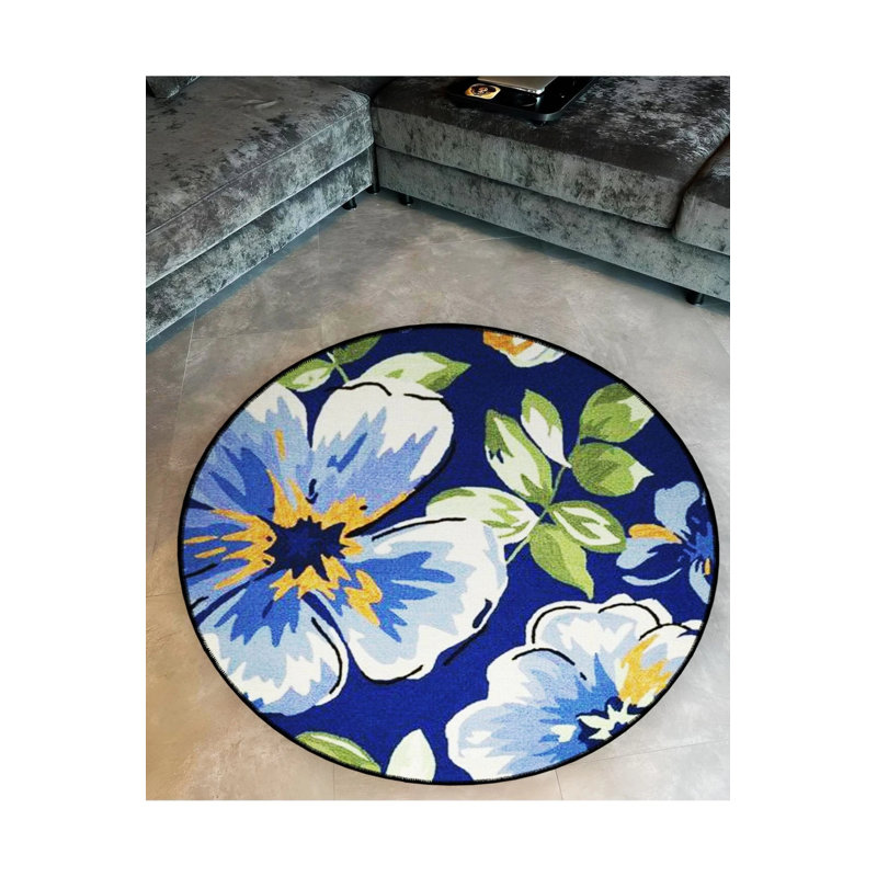 Dark Blue Flower And Leaf Detailed Woven Base Modern Decorative Carpet, Round 2'8"