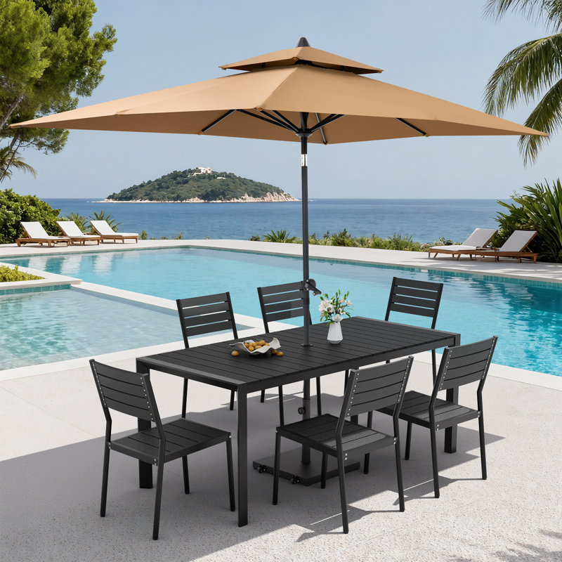 Ensemble repas pour 6 personnes en aluminium avec chaises empilables, parasol de patio et base lestée, Tanné, Noir