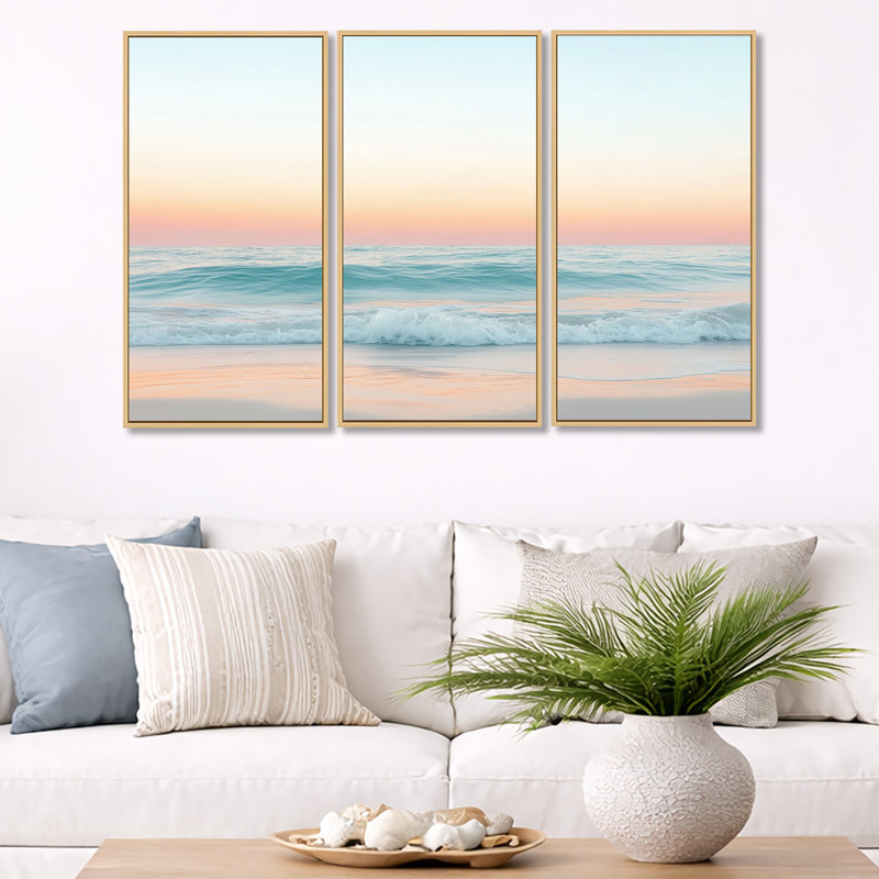 «Soft Coastal Sunset I - Beach», art mural 3 pièces, Cadre naturel flottant, H 32 po x l 48 po