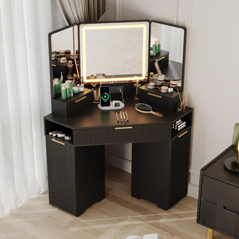 Bureau de coin avec miroir et lumières, coiffeuse de maquillage cannelée de 48 po avec tiroirs, station de charge et armoires pour la chambre à coucher, coiffeuse d'angle avec trois miroirs, 3 modes de couleur
