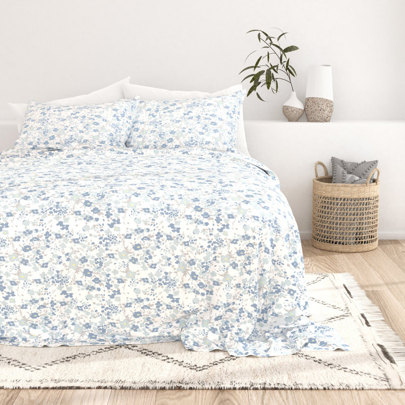 Queen Light Blue Floral Microfiber Deep Pocket Sheet Set