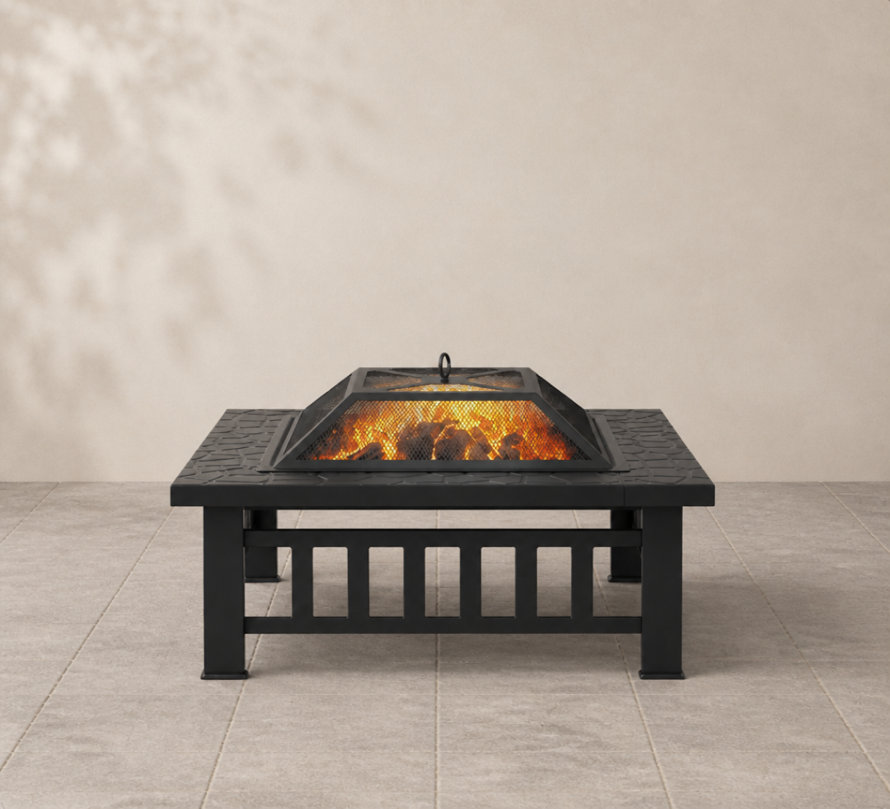 Square black metal fire pit table with a mesh safety lid and stone-look tabletop, set against a neutral background.