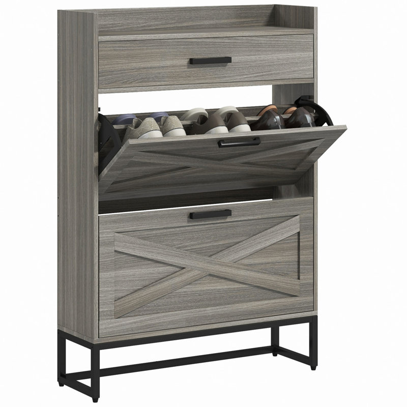 Narrow Shoe Cabinet With 2 Flip Doors And Top Drawer, Gray