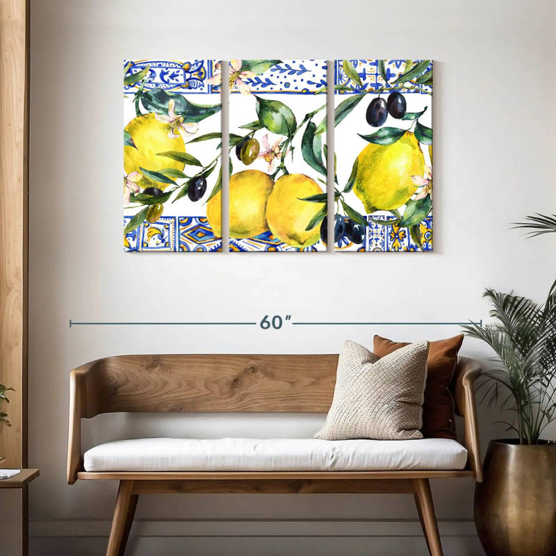 Ensemble de 3 citrons et olives sur toile, H 28 po x l 45 po x P 1,25 po