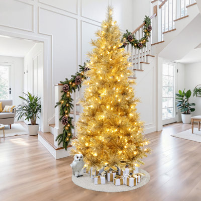 7.5Ft Pre-Lit Gold Tinsel Artificial Pine Tree with Metal Stand