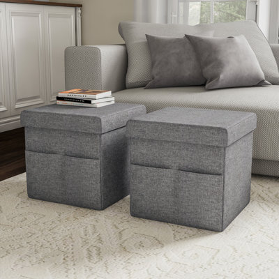 Charboneau Ottomans with Storage Pockets - 15-Inch Folding Foot Rests or Storage Organizers for Bedroom, Living Room, or Dorm, Set of 2 - Gray