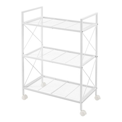 3-tier Metal Storage Rack With Wheels, Mesh Shelving Unit With X Side Frames